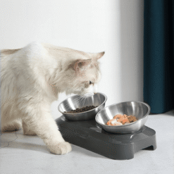 15? Adjustable Stainless Steel Double Cat Feeding Bowls with Non-Slip Base