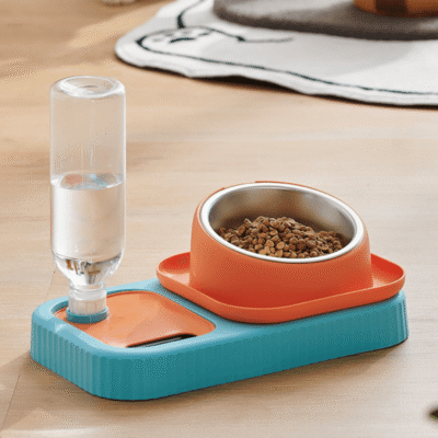 2-in-1 Pet Food and Water Bowl Set with Stainless Steel Top