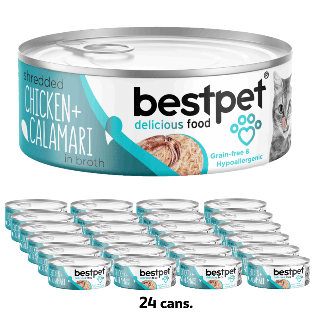 BESTPET Shredded Cat Chicken & Calamari in Broth - 70g x 24 Cans