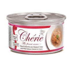 FLAKED YELLOWFIN MIX SKIPJACK TUNA WITH WILD SALMON ENTREES IN GRAVY Cherie 80 G cans cat food