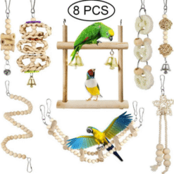8PCS Natural Bird Toys Set - Hanging Chew Toys, Bells & Climbing Perches for Parrots, Parakeets & Small Birds