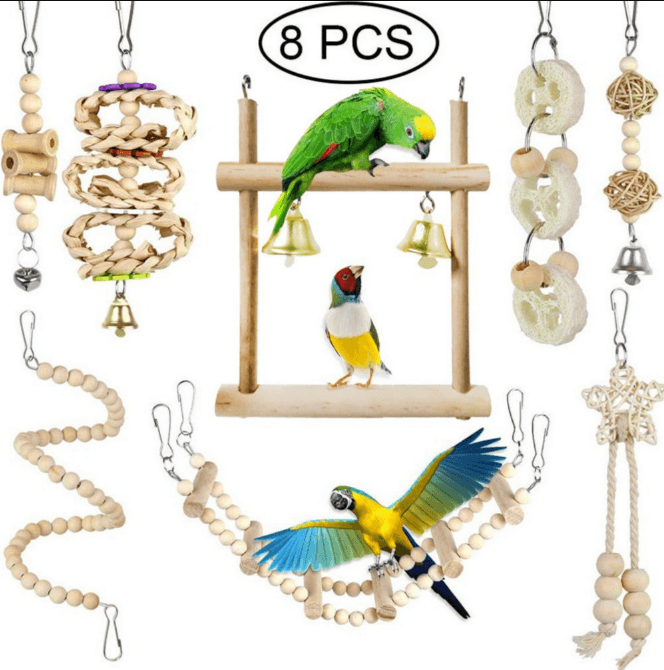 8PCS Natural Bird Toys Set - Hanging Chew Toys, Bells & Climbing Perches for Parrots, Parakeets & Small Birds