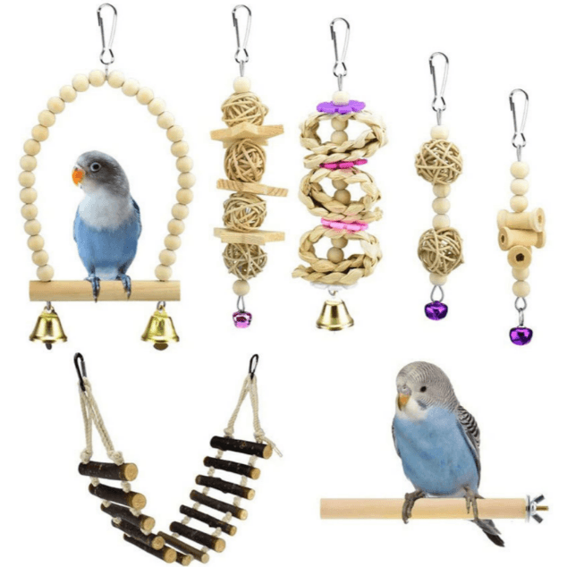 7Pcs Bird Cage Activity Toy Set - Natural Swing, Rope Ladder & Hanging Toys For Small Birds