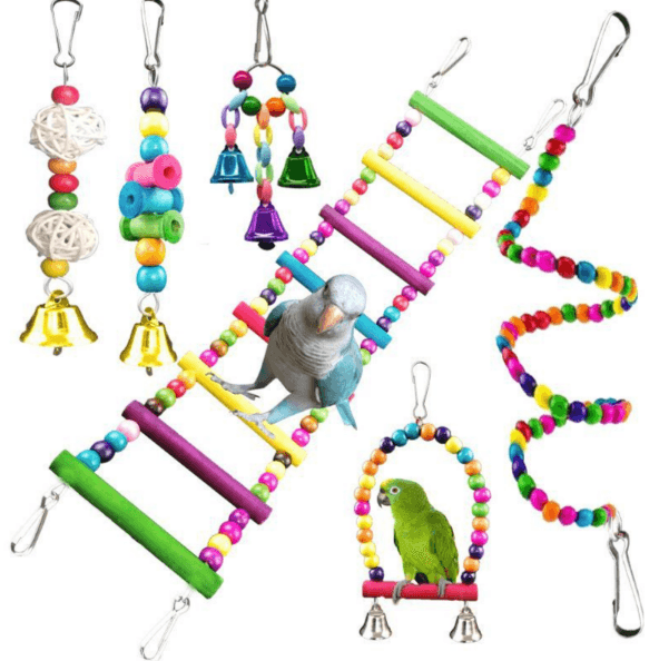6PCS Colorful Bird Toys Set - Hanging Chew Toys, Ladders & Swings for Parrots & Small Birds