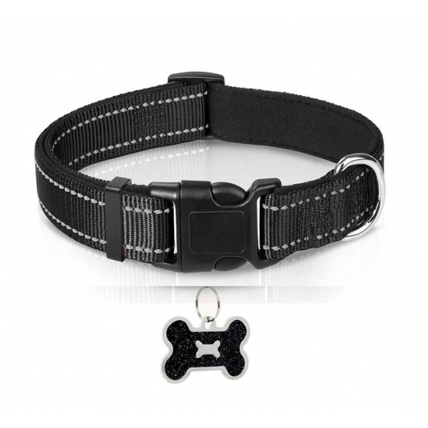 Black Reflective Nylon Dog Collar with Bone Tag – S (30–40cm)