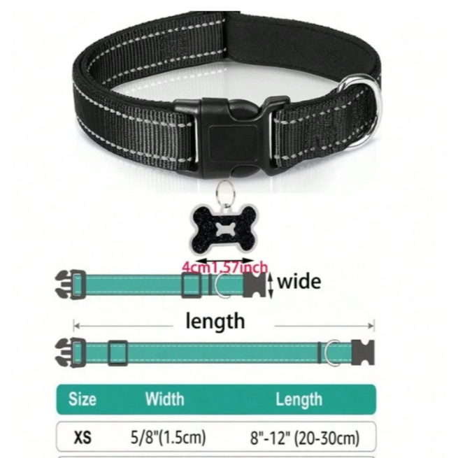 Black Reflective Nylon Dog Collar with Bone Tag – S (30–40cm) - Image 2