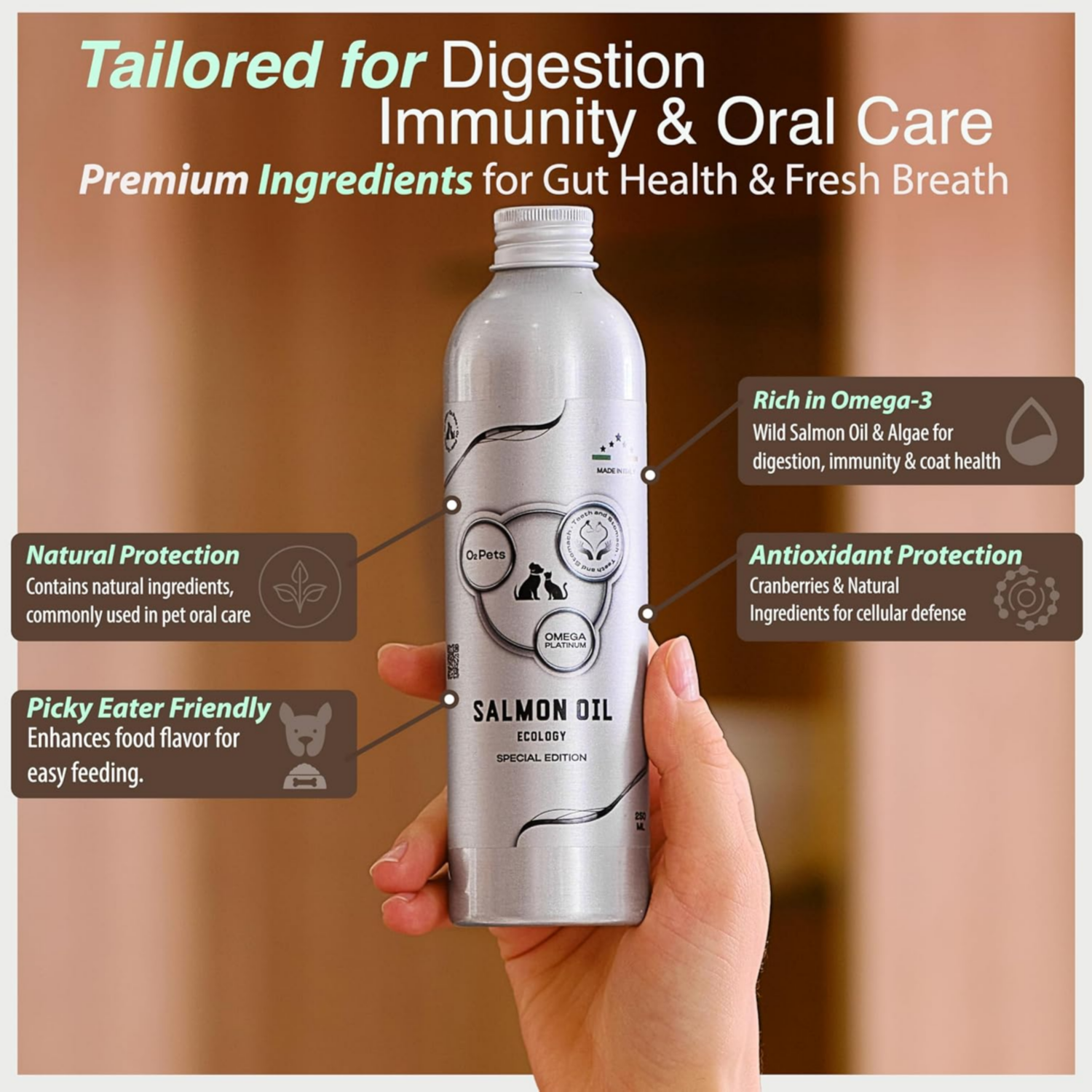 O2Pets Teeth and Stomach Omega Platinum – Wild Caught Norwegian Salmon Oil for Dogs & Cats (50 ml) - Image 2