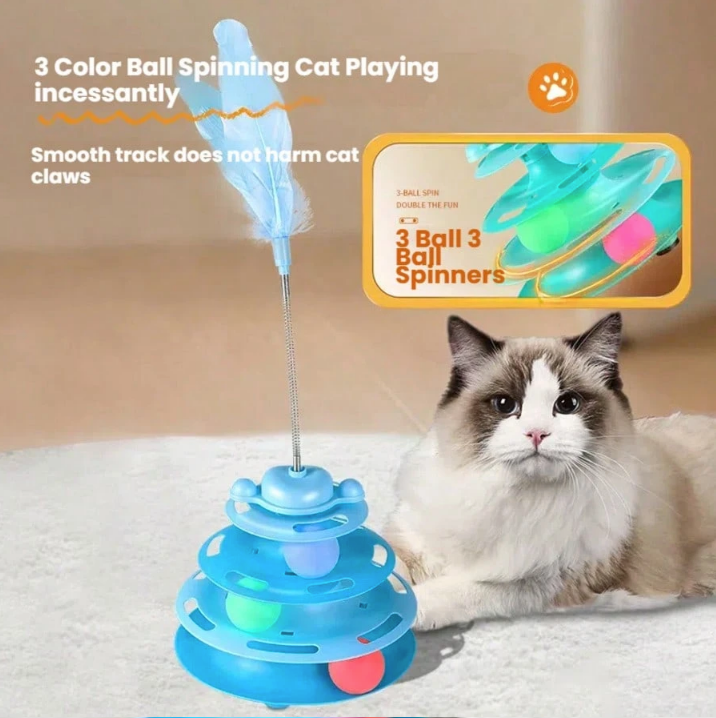 3-Layer Cat Turntable Toy with Feather Wand & Balls – Interactive Kitten Play Toy - Image 2