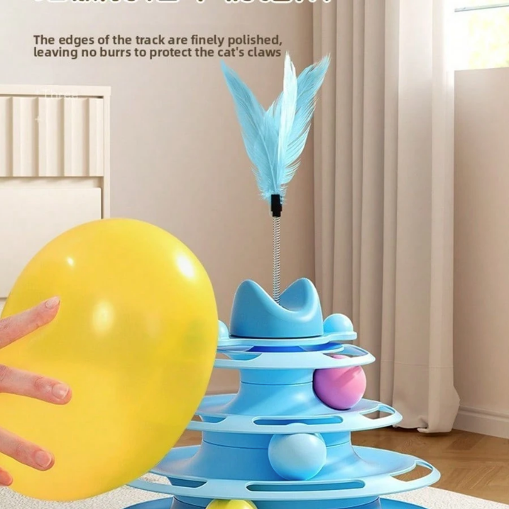 3-Layer Cat Turntable Toy with Feather Wand & Balls – Interactive Kitten Play Toy - Image 3