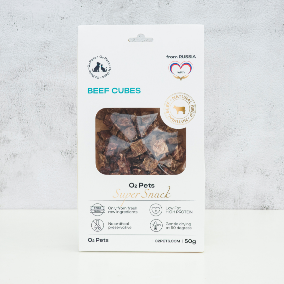 O2Pets Snack Beef Cubes – Beef Lung Dog Treats (50 g)