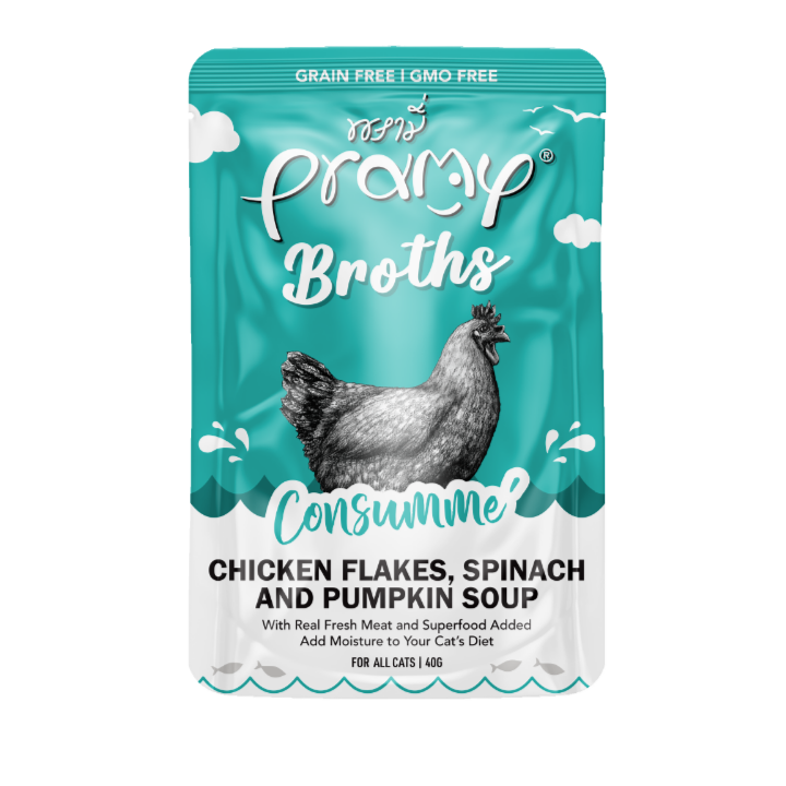 Pramy Broths Consommé Chicken Flakes with Spinach & Pumpkin Soup Wet Cat Food – 40g