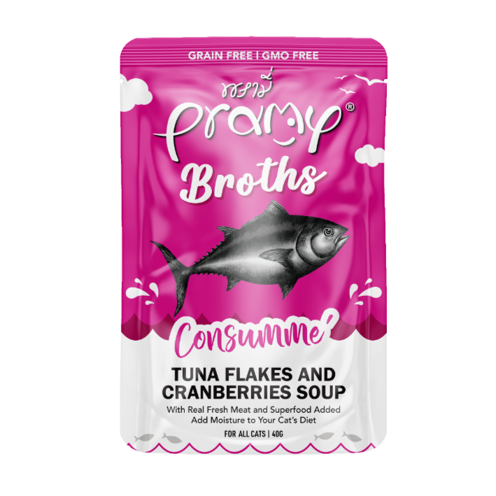 Pramy Broths Consommé Tuna Flakes with Cranberries Soup Wet Cat Food – 40g