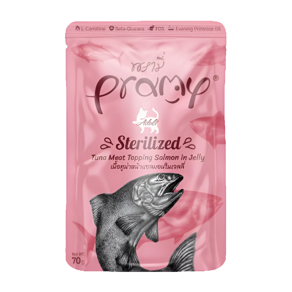 Pramy Sterilized Adult Tuna Meat Topping Salmon in Jelly – Wet Cat Food – 70 g